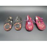 Two pairs of mid Victorian handmade silk babies pram/soft shoes, with leather soles and embroidery