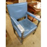 Antique Oak Barley Twist Armchair covered in blue leather ( leather a/f taped on arms ) 36 inches