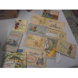 Postcards- really mixed, old and new. cigarette card albums, Charles Dickens novels, vintage satchel