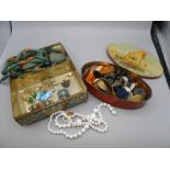 2 Vintage Tins Containing Costume Jewellery and Buttons
