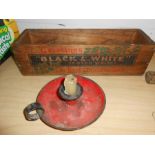 Vintage Black and White Pine Whisky Box , Enamelled Candleholder and Vintage Letterbox Door Knocker