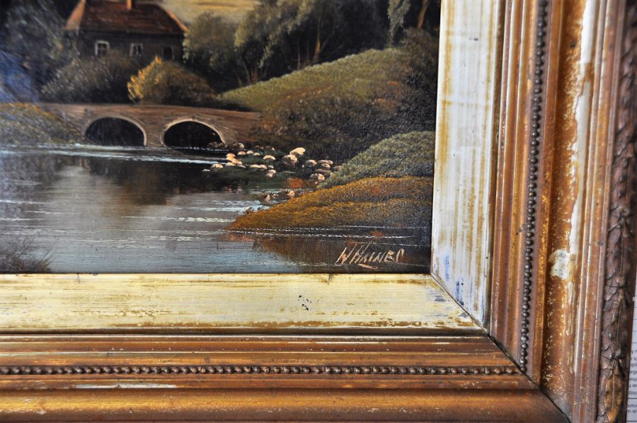 A large gilt framed oil on canvas rural scene, W Haines, (English 19th century), Frame 81 x 85 cm, - Image 3 of 4