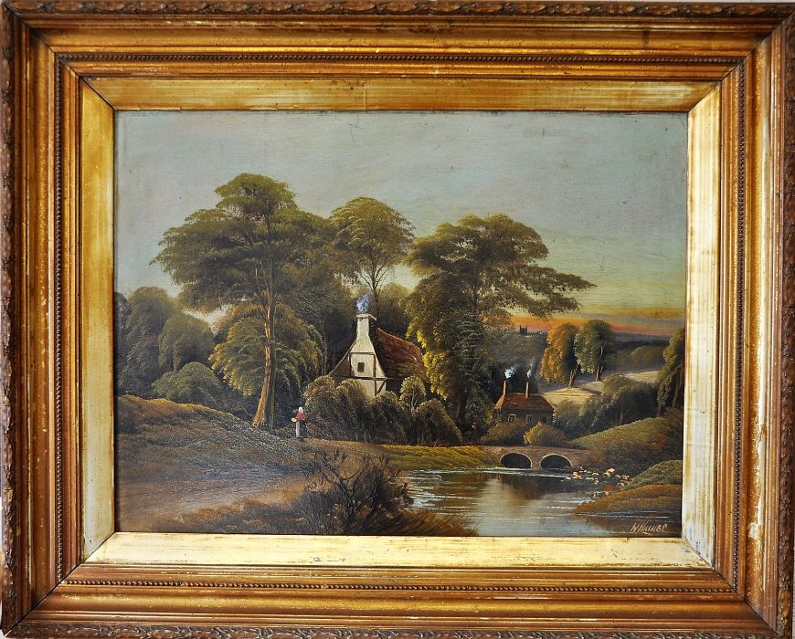 A large gilt framed oil on canvas rural scene, W Haines, (English 19th century), Frame 81 x 85 cm,