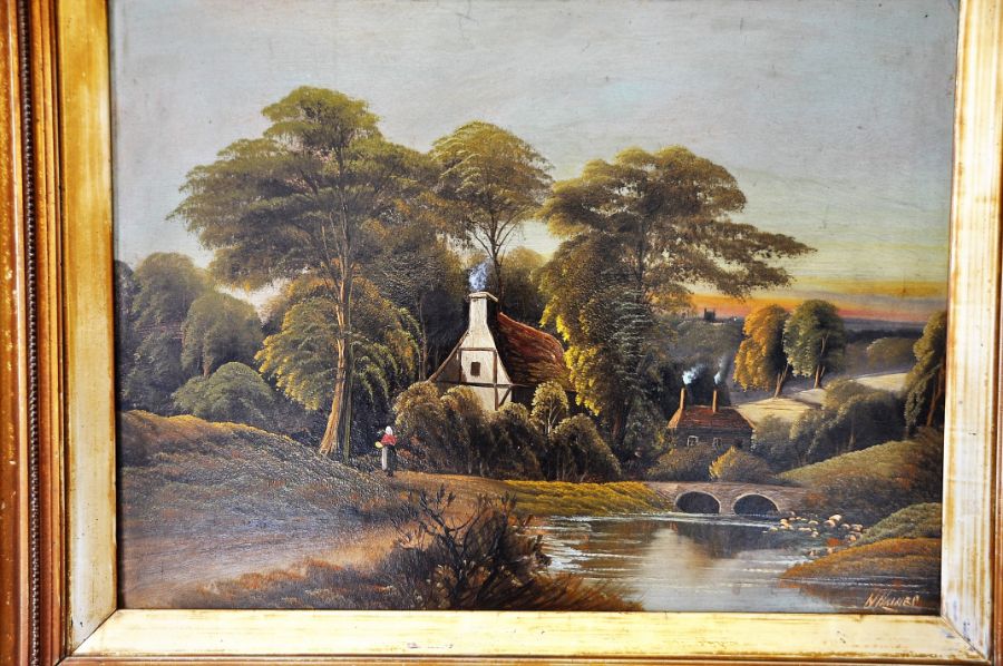 A large gilt framed oil on canvas rural scene, W Haines, (English 19th century), Frame 81 x 85 cm, - Image 2 of 4