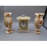 Onyx carriage clock and 2 heavy vases