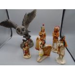 Leonardo owl figure and 5 Indian figures with boxes, all good condition