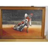 Oil on board painting of a speedway rider, signed