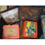 Retro lunchboxes, brass, treen, pictures etc. 2 boxes of a mixed lot