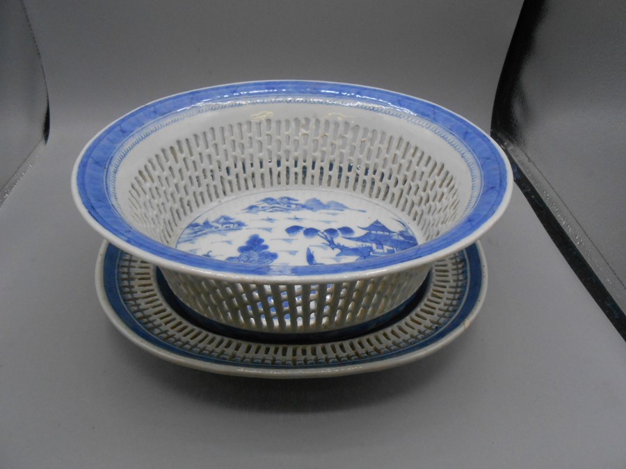 Antique Chinese Export Blue Canton Reticulated Basket Bowl & Stand . Basket has 2 cracks at top , 11