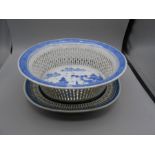 Antique Chinese Export Blue Canton Reticulated Basket Bowl & Stand . Basket has 2 cracks at top , 11