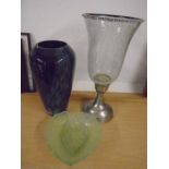 Hurricane vase, glass vase (chipped on rim) and a green glass dish