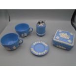 Wedgewood jasperware, 2 cups, trinket pot with lid, table lighter (hairline crack) plate (cracked)