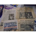 Commemorative and ww2 article newspapers and few other relating pieces of ephemera