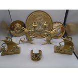 Brass dragon candlesticks (tail broken on one but is there) brass ship plates, ship bookends?