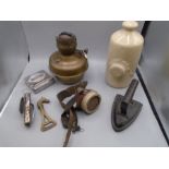 Mixed lot- old iron, salt glazed hot water bottle, old gas/face mask, oil lamp (no funnel),