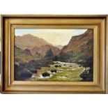 Reginald B Slinn, oil on canvas Highland landscape with artist depicted in the landscape in gilt