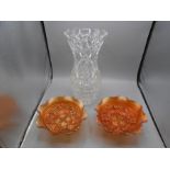 Pair of Carnival Glass Dishes 8 inches wide 3 1/2 inches tall and lead crystal vase 13 inches tall (