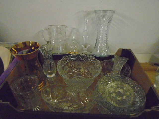 Box of glassware jugs, led crystal cut bowl, vases, bells etc