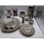 Pewter collection plus tin and plate, as found