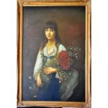 Oil on canvas portrait of a young lady holding a bouquet of flowers in a gilt frame signed bottom