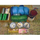 Job lot of assorted to include bomber plane picture plates, tent, sleeping bag, hunting scene shot