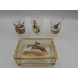 Racehorse tumblers and cigarette box, etching around top of the glasses regarding a race