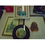 Circular glass print of victorian children, Empress of Austria print, print of a dog and oil