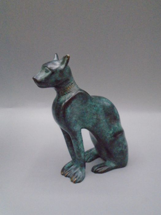 'Italica' green bronzed cat in original bag and box with leaflet 10cm tall