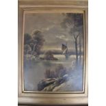 Oil on board depicting night river scene and barge framed 50 x 62cm