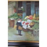 Oil on canvas depicting young boy looking at vegetable store, framed 69 x 79cm unsigned