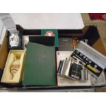 Box of miscellaneous items to include Faberge style egg, Jamie Oliver pasts maker, hip flasks,