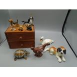 Beswick swan, Goebel chicken and dog and some wade and other animals in wooden box