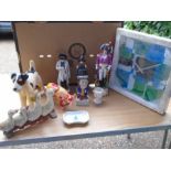 Mixed lot of items to include china figures, cast iron door stop, retro glass clock etc