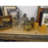 3 oil lamps, glass shades and box of oil lamp/ tilley lamp accessories