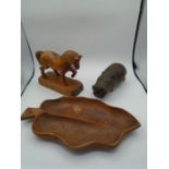 Treen hippo, horse and dish