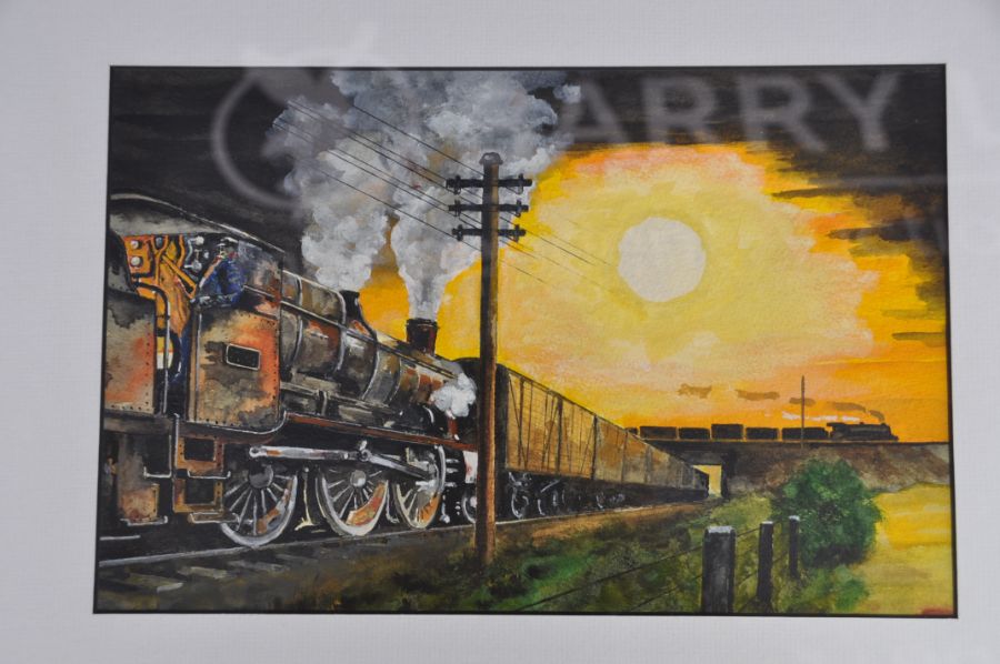 J Burton, watercolour goods steam trains at dusk framed 50 x 38 cm - Image 2 of 2