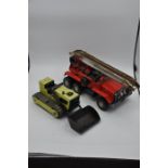 Meccano metal tin plate fire truck and Tonka metal tin plate crawler digger