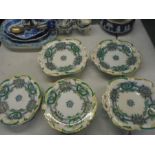 Green decorative pedestal bowls, comport and 12 plates