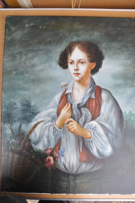 oil on canvas portrait of a boy with flower basket signed bottom right L. Williams unframed 51.5 x