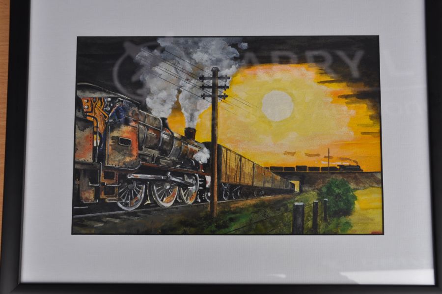 J Burton, watercolour goods steam trains at dusk framed 50 x 38 cm