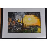 J Burton, watercolour goods steam trains at dusk framed 50 x 38 cm