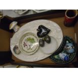 3 boxes of mixed china to include retro penguin biscuit barrel, Royal Doulton picture plates,