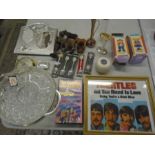 box of miscellaneous to include Beatles yellow submarine video and picture, glassware, treen etc