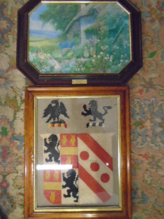 Arthur Wilkinson oil print 'picking flowers' and stitchwork of heraldic shield