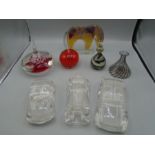 Glass items to include Bohemian glass weight, 3 glass cars, Portuguese glass pony etc