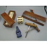Antique plane, 2 corkscrews, travel set of dominoes, ingersol policeman and dice pen holder