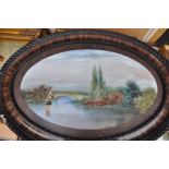 G Copeland a pair of water colour river scenes depicting sail barges in large oval frames 86 x