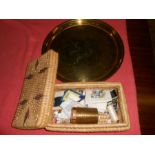 Sewing Box and Contents and Brass Tray