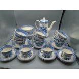 'Yuan' Wood and Sons blue and white part tea set comprising of a teapot, 7 cake plates, 3 saucers