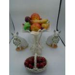 Lattice china dish of mixed fruit, a basket of cherries, 2 pig ornaments and a small jug